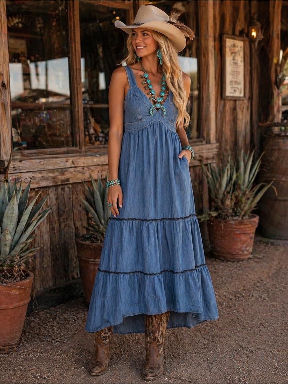 Denim Tiered Maxi Dress with Front bodice details